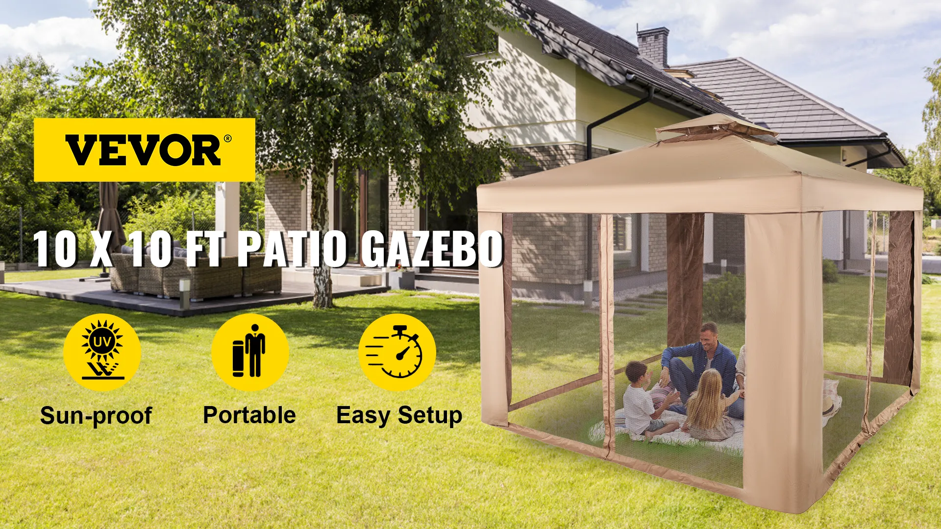 10 x 10 ft patio gazebo by VEVOR outdoor canopy tent, sun-proof, portable, easy setup.
