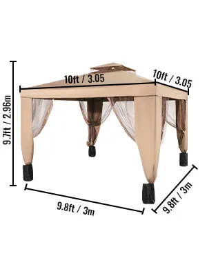 VEVOR outdoor canopy tent with beige fabric, netting, and black weighted legs.