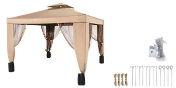 VEVOR outdoor canopy tent with mesh curtains and included setup accessories.