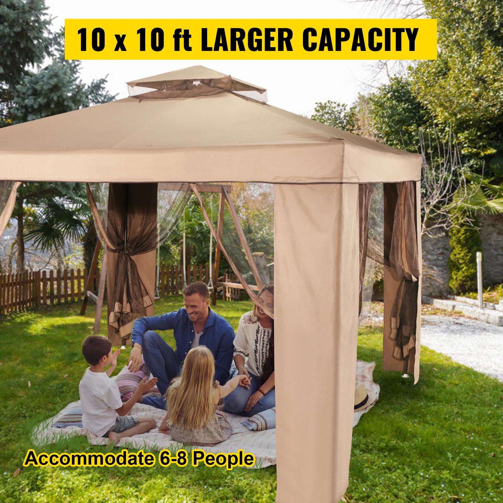 VEVOR outdoor canopy tent in backyard, 10x10 ft, accommodates 6-8 people.