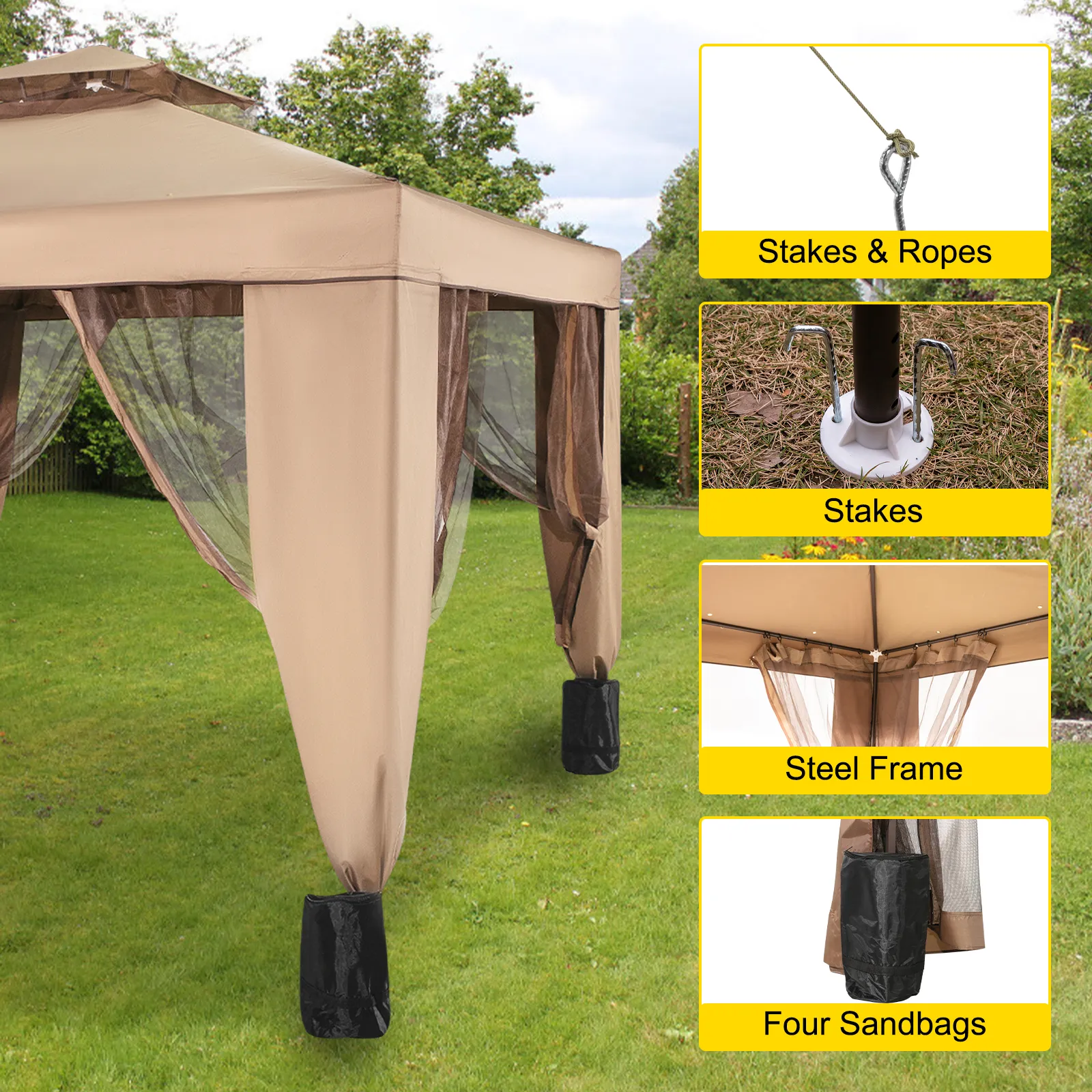 VEVOR outdoor canopy tent with steel frame, stakes, ropes, and sandbags on a lawn.