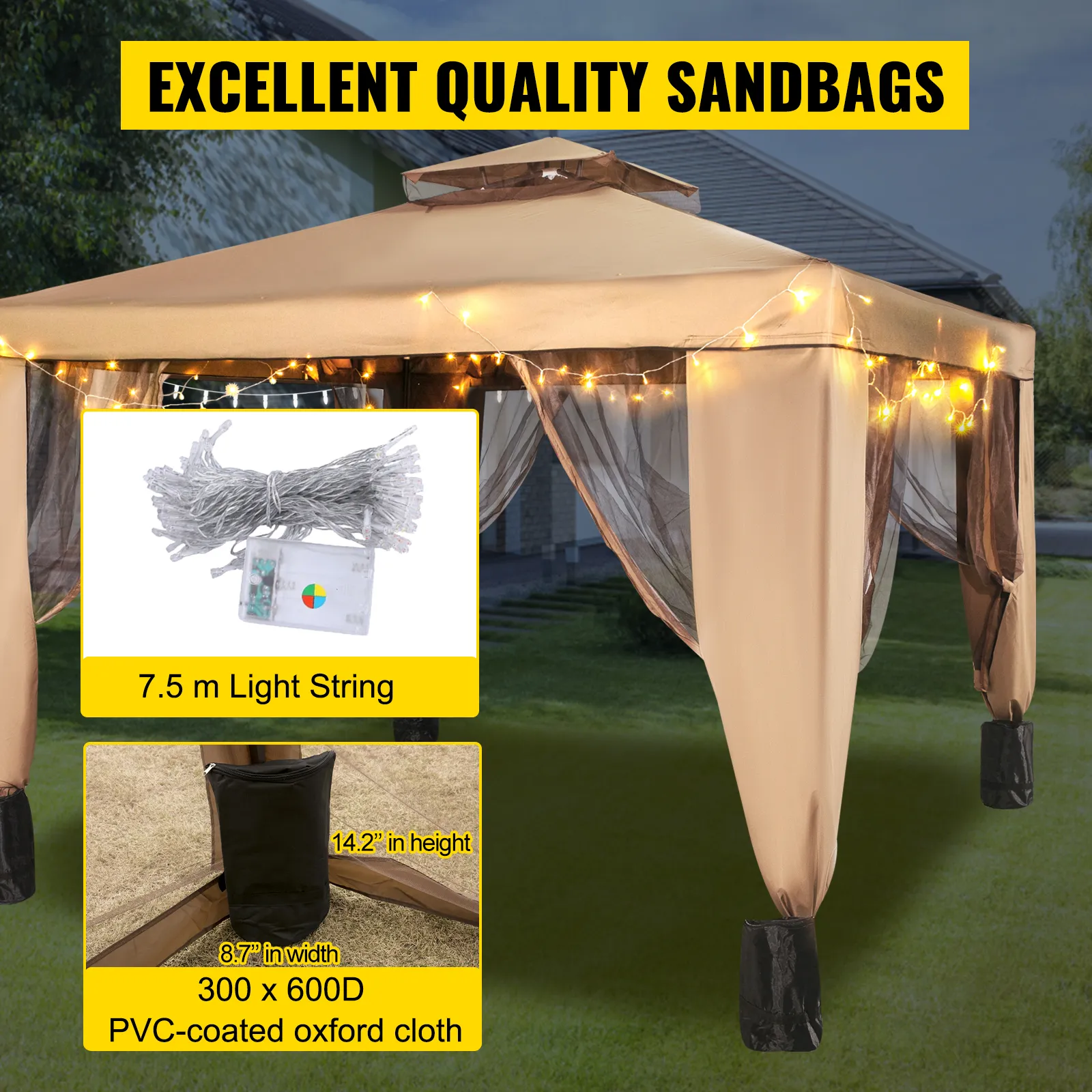 VEVOR outdoor canopy tent with sandbags, light string, and pvc-coated oxford cloth.