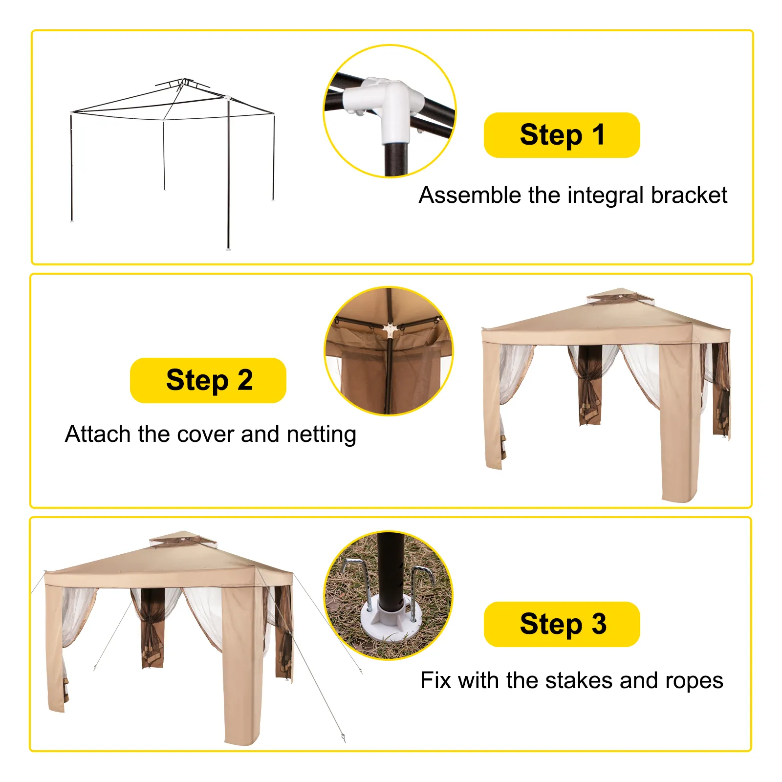steps to assemble a VEVOR outdoor canopy tent with integral bracket, cover, netting.