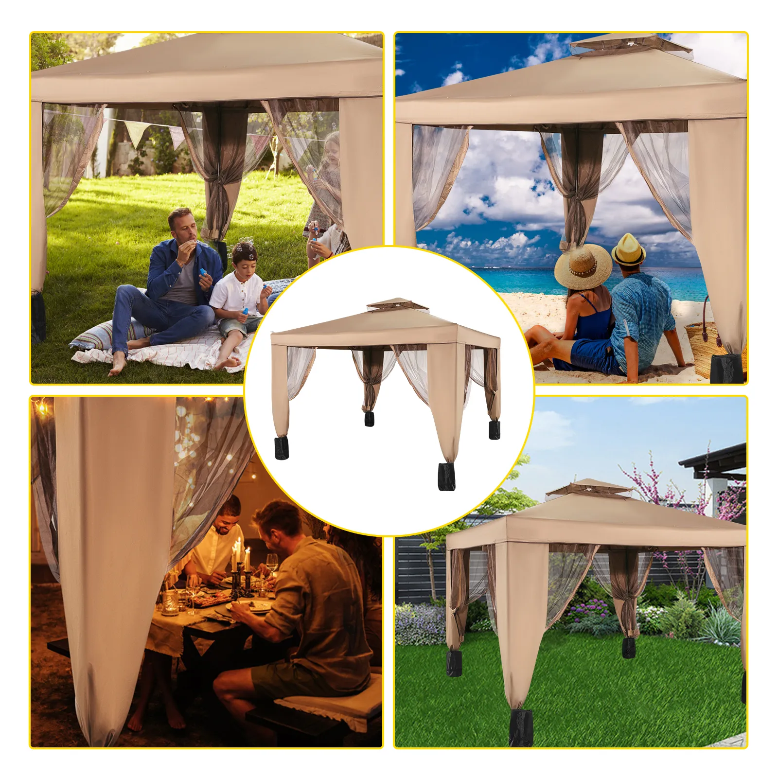 VEVOR outdoor canopy tent in various settings: backyard, beach, evening, and garden.