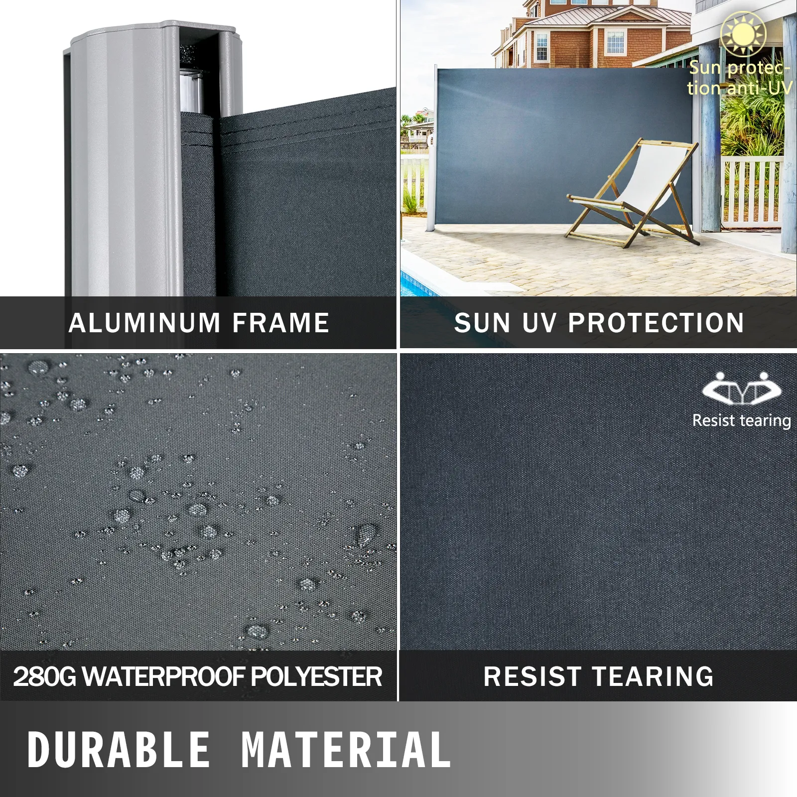 Toldo lateral retráctil VEVOR con estructura de aluminio, protección uv y poliéster impermeable.