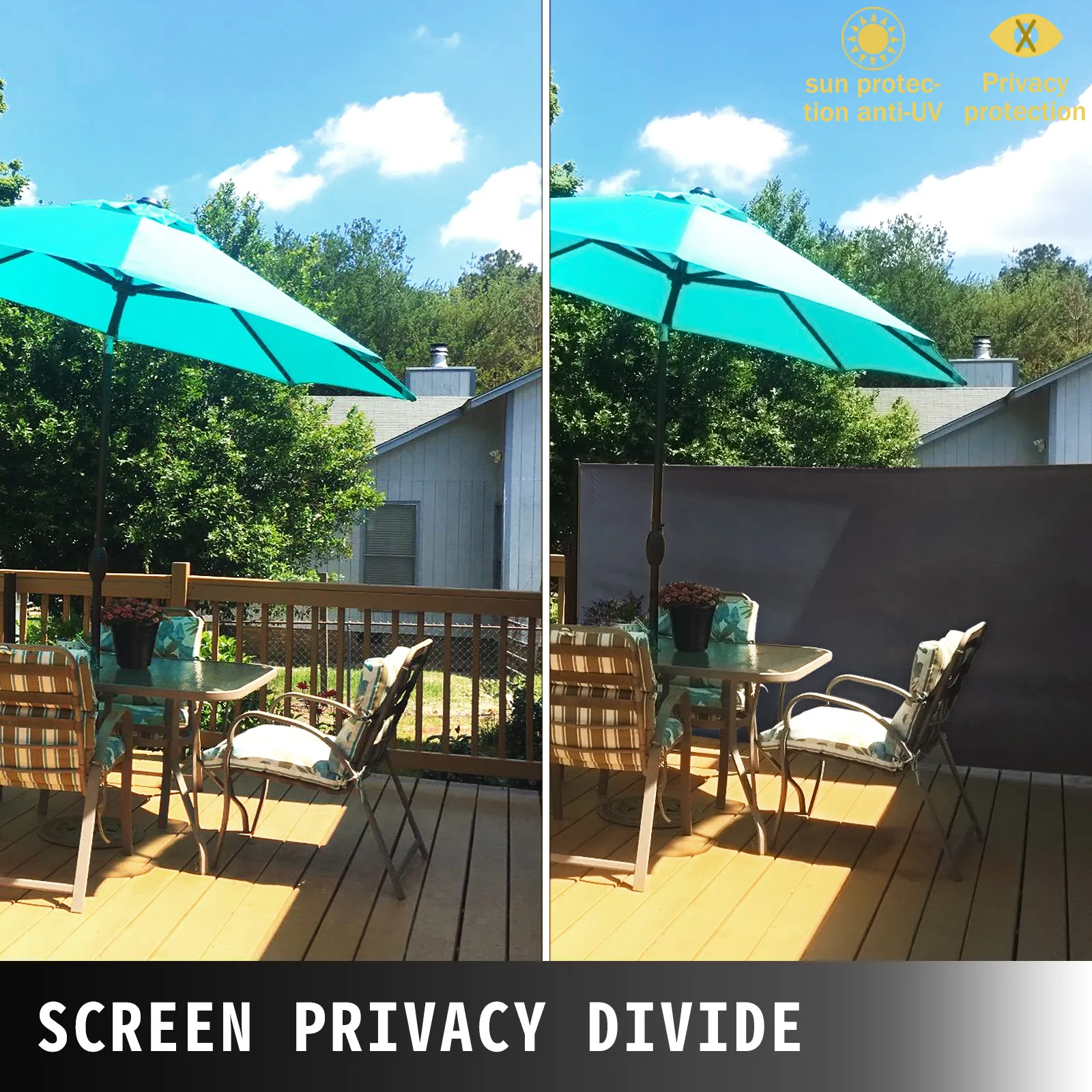 Terraza con sillas y mesa, con toldo lateral retráctil VEVOR para mayor privacidad.