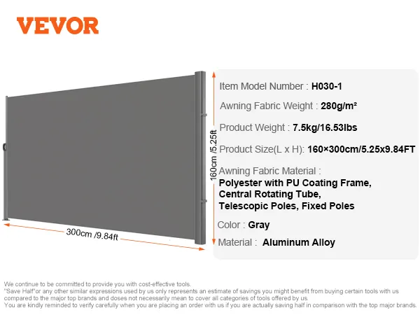 VEVOR retractable side awning, gray, 160x300cm, aluminum alloy, 280g/m² fabric.