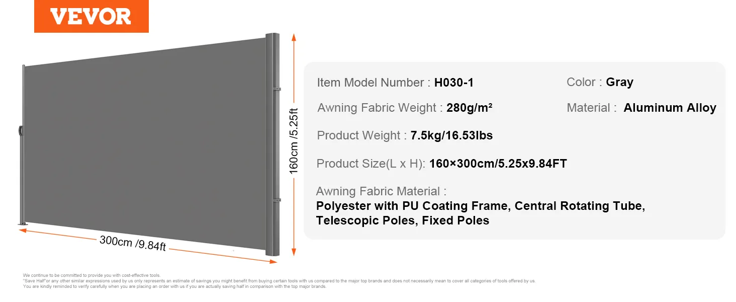 VEVOR retractable side awning, gray, 160x300cm, aluminum alloy, 280g/m² fabric.
