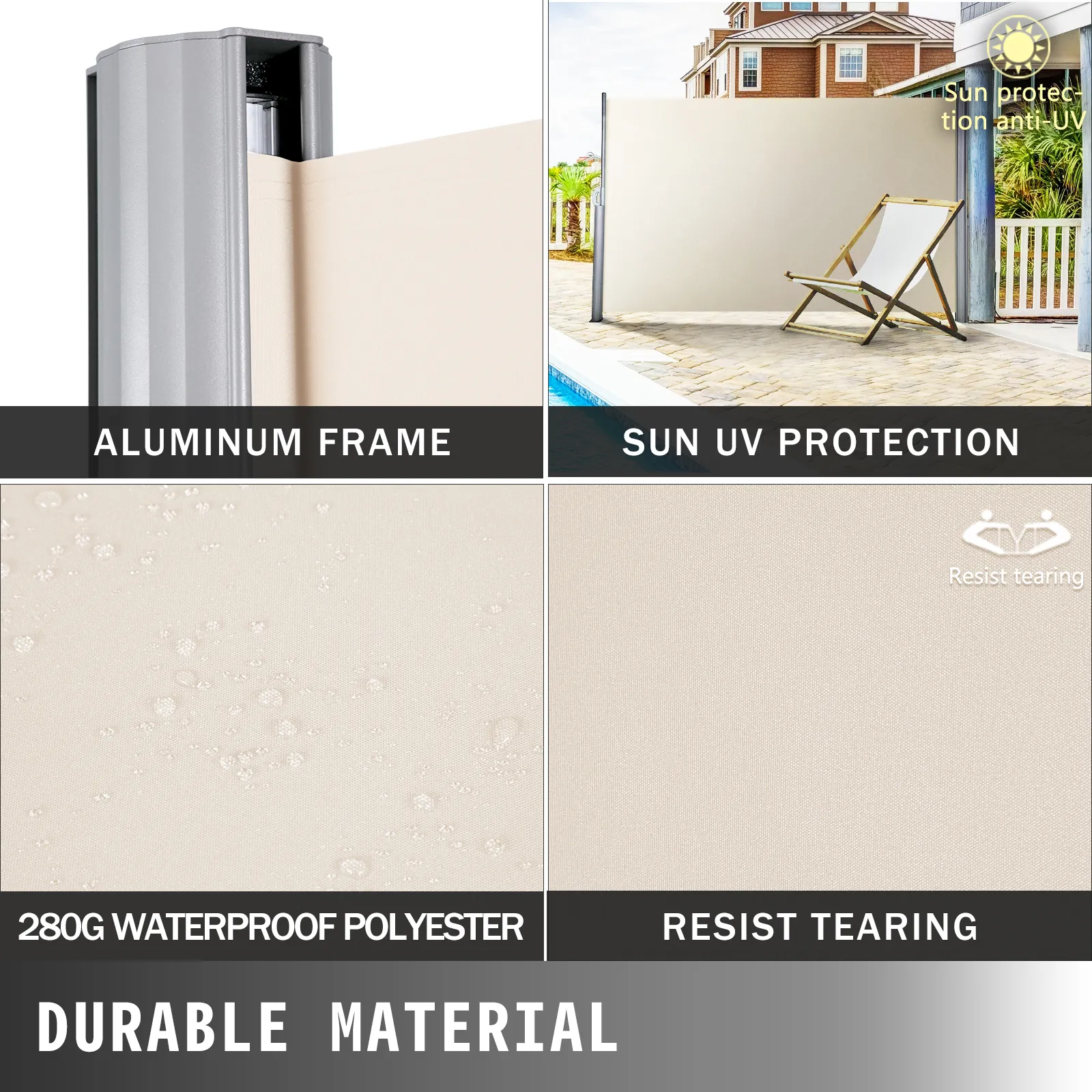 VEVOR retractable awning: durable aluminum frame, uv protection, waterproof polyester.