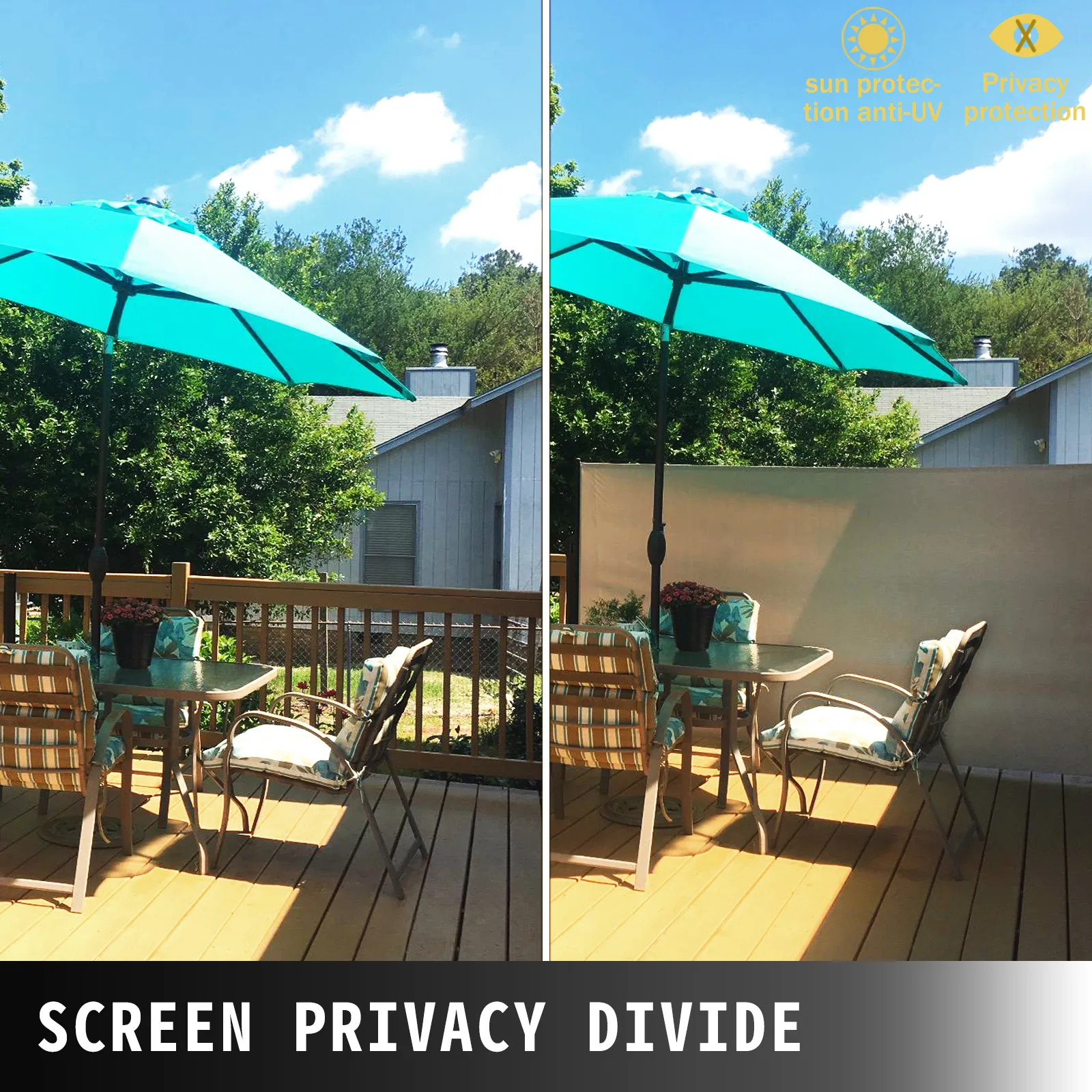 patio with VEVOR retractable awning, showing privacy and sun protection benefits.