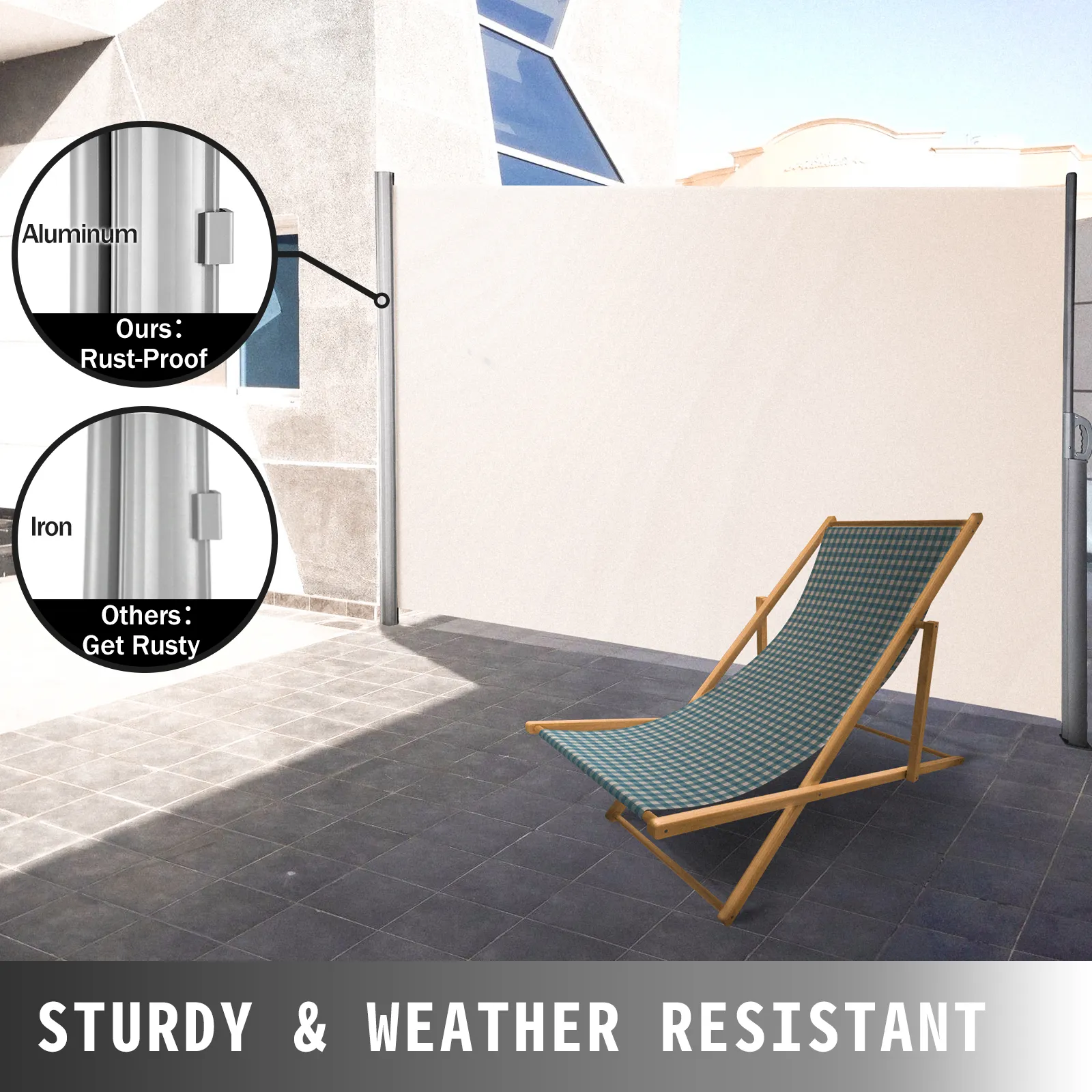 VEVOR retractable awning with rust-proof aluminum frame and adjacent lounge chair.