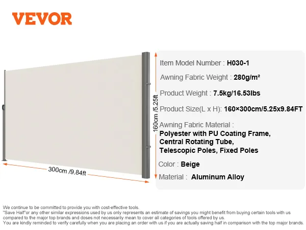 VEVOR retractable awning dimensions and details, beige color, aluminum alloy material.
