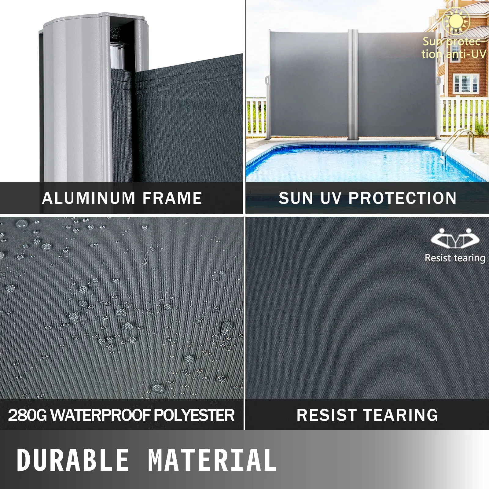 Toldo lateral retráctil VEVOR con marco de aluminio, protección solar y ultravioleta, impermeable y resistente al desgarro.