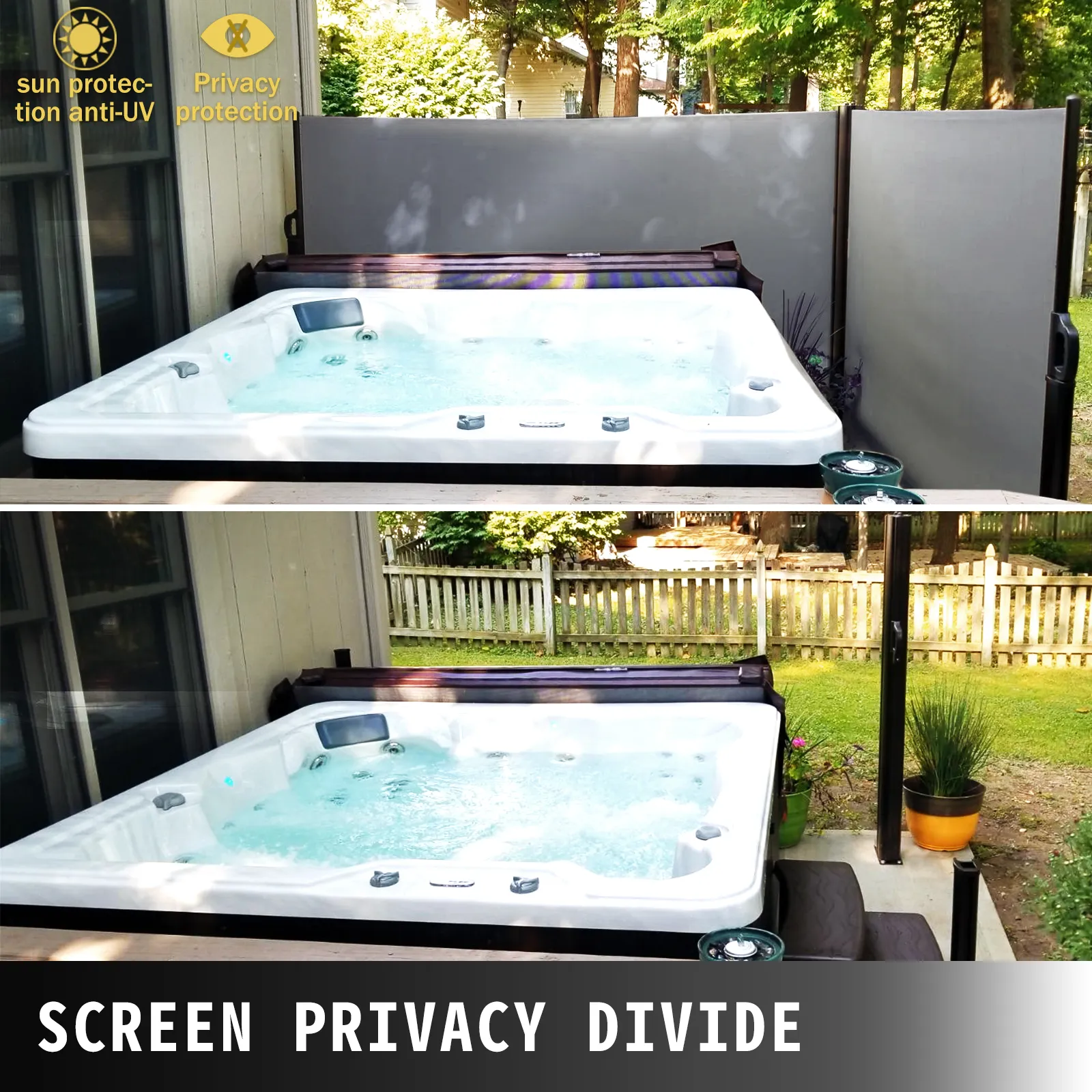 Toldo lateral retráctil VEVOR con vista al spa y al jardín, que ofrece privacidad y protección contra los rayos UV.