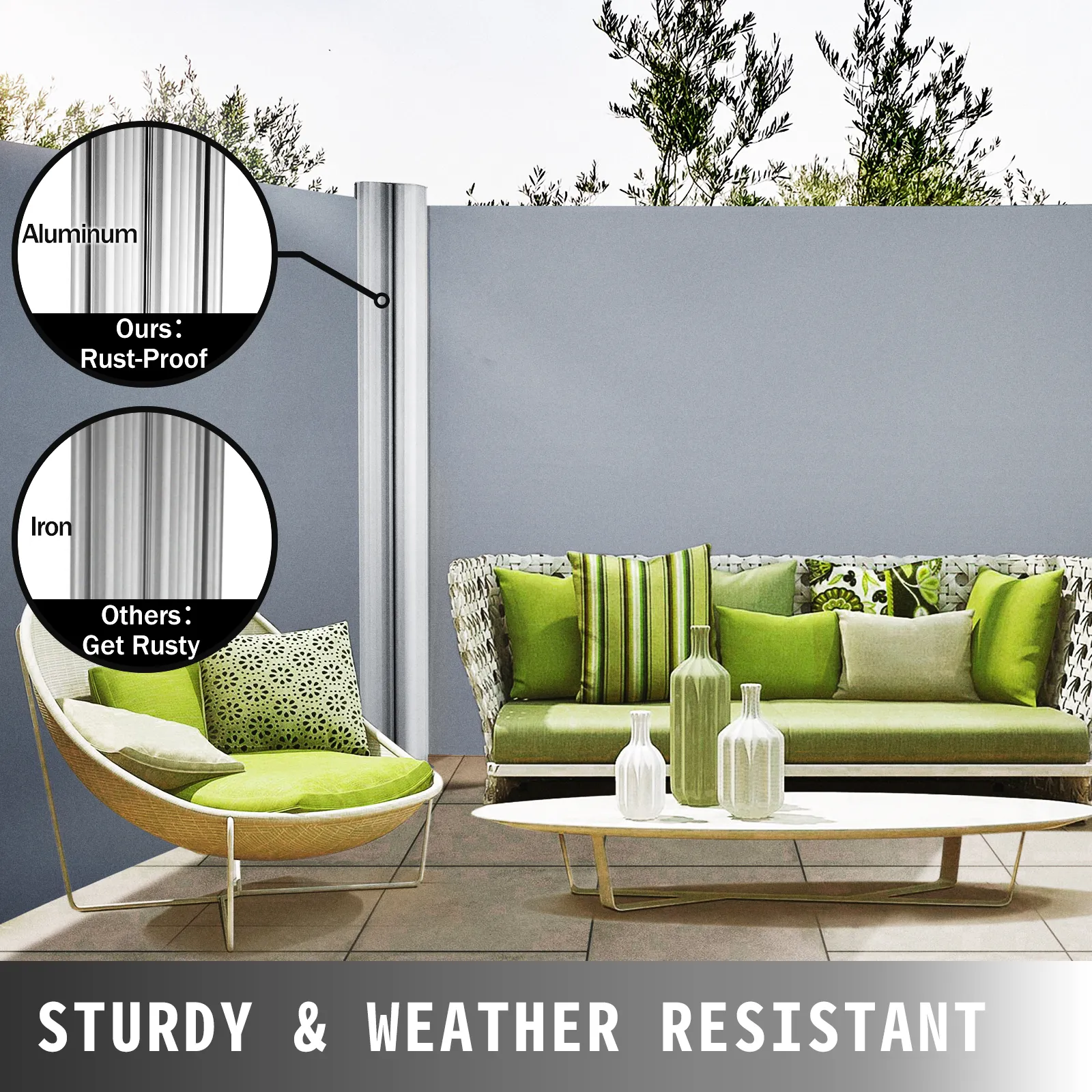 Toldo lateral retráctil VEVOR: aluminio a prueba de óxido versus hierro propenso a oxidarse, configuración de patio ecológico.