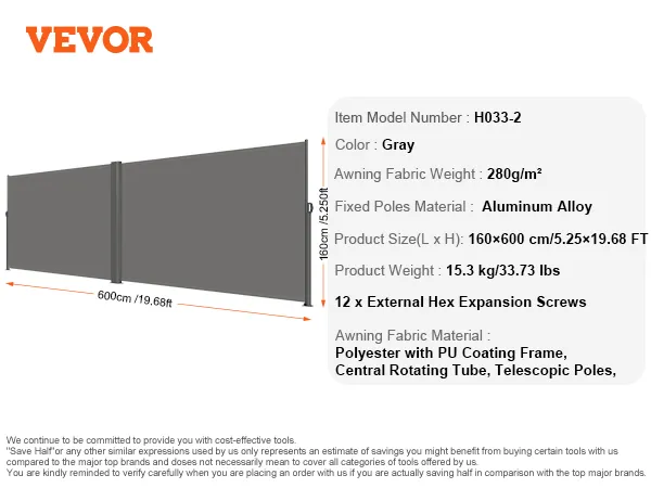 VEVOR retractable side awning, gray, 160x600cm, aluminum alloy, 280g/m² fabric.