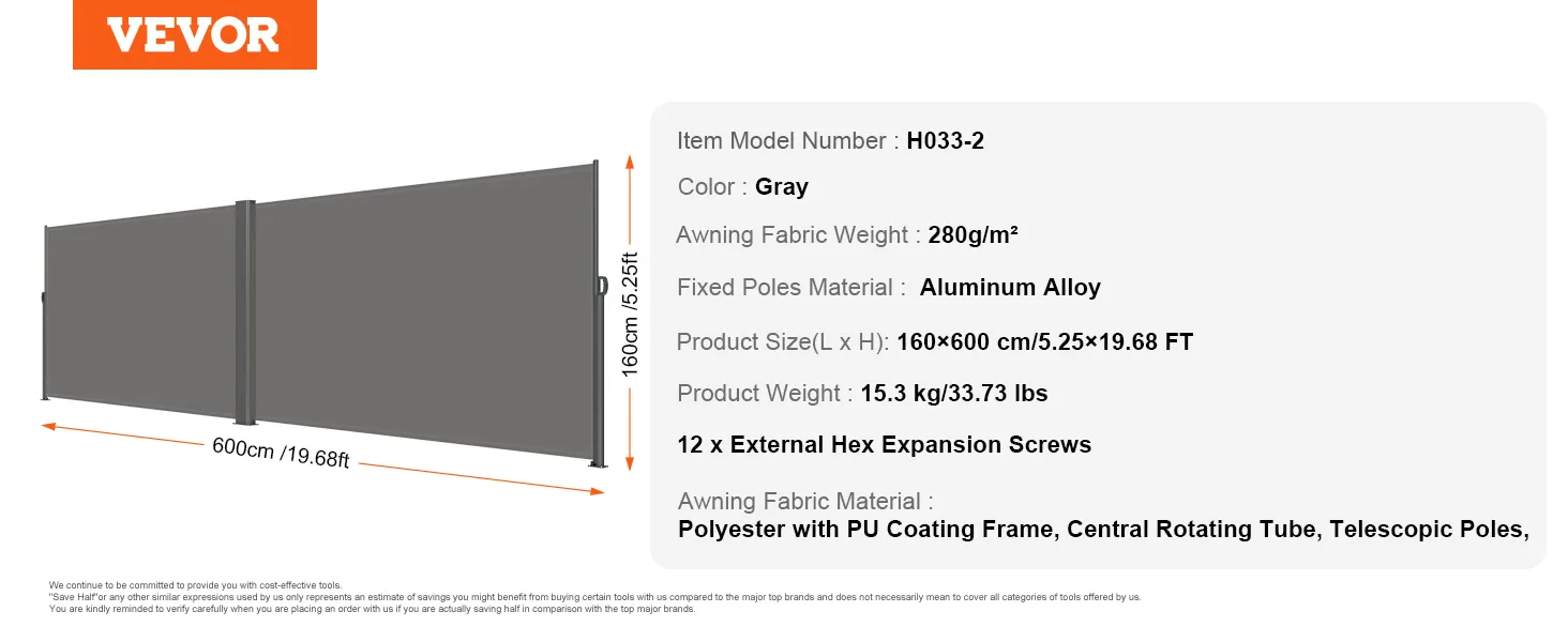 VEVOR retractable side awning, gray, 160x600cm, aluminum alloy, 280g/m² fabric.