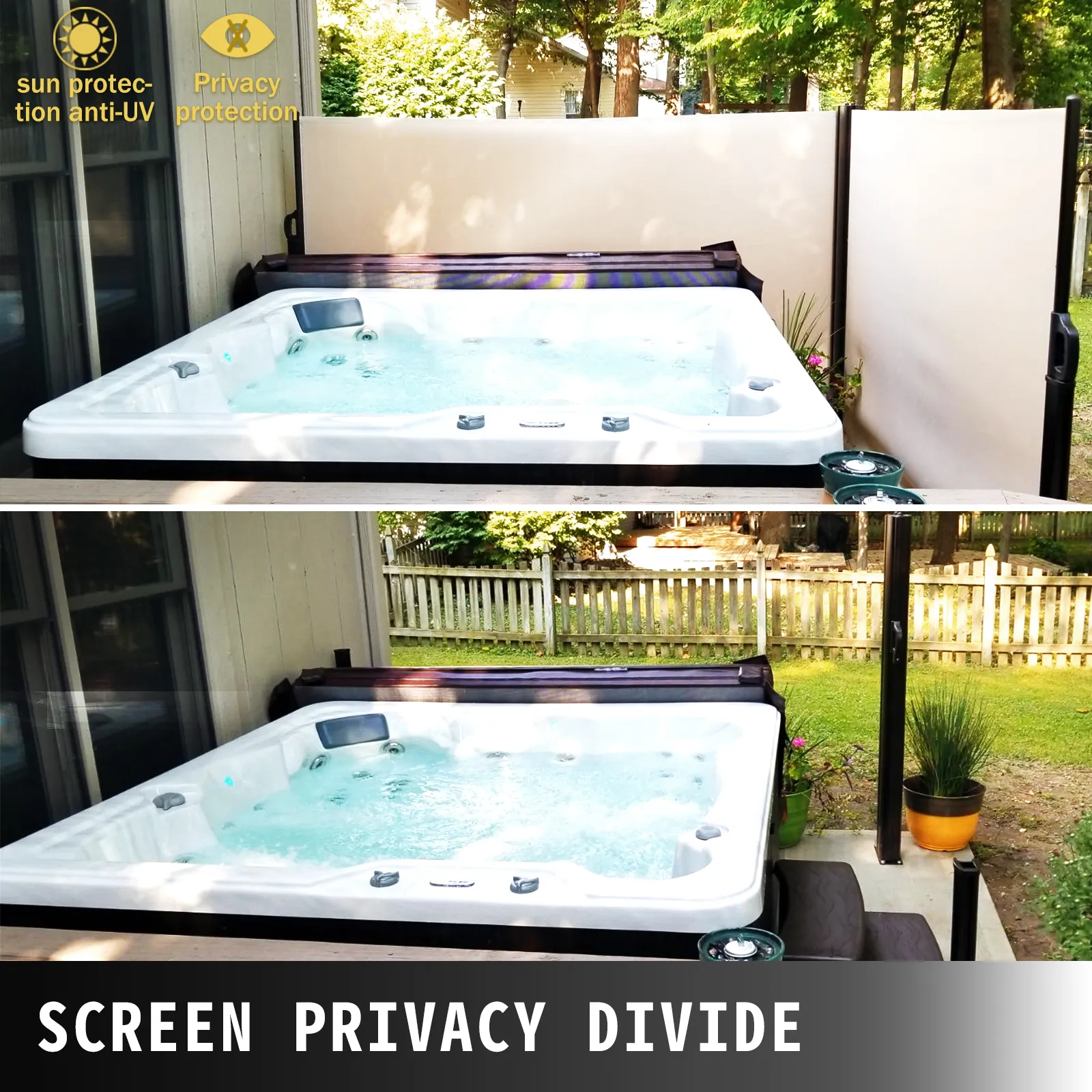 Toldo retráctil VEVOR junto a un jacuzzi para protección solar y privacidad en el patio trasero.