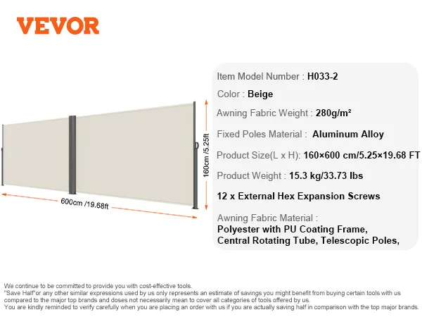 VEVOR retractable awning, polyester fabric, aluminum poles, 600cm length, beige color.