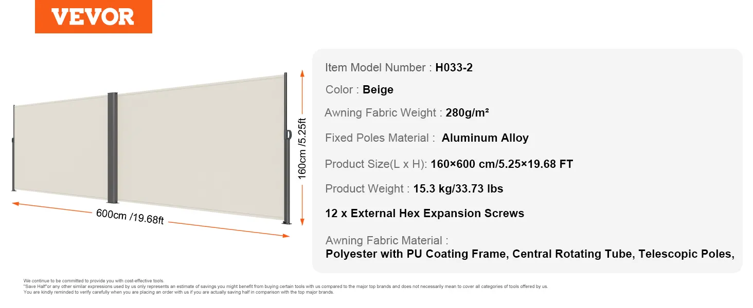 VEVOR retractable awning, polyester fabric, aluminum poles, 600cm length, beige color.