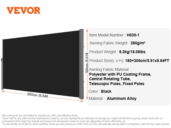 VEVOR retractable side awning in black, 180x300cm, polyester with pu coating, aluminum frame.