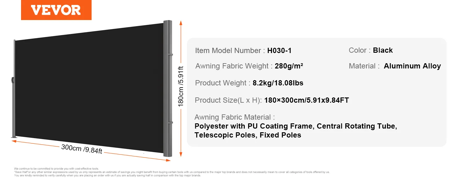 VEVOR retractable side awning in black, 180x300cm, polyester with pu coating, aluminum frame.