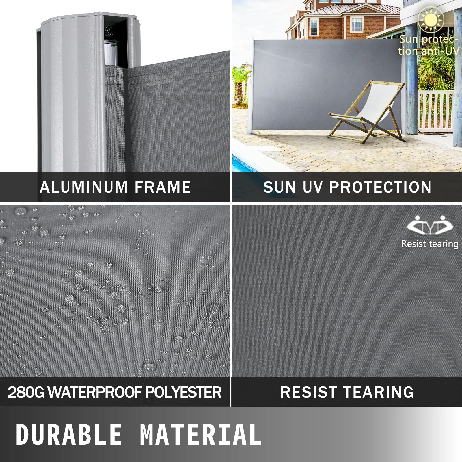 Toldo lateral retráctil VEVOR con estructura de aluminio, protección uv, poliéster impermeable.