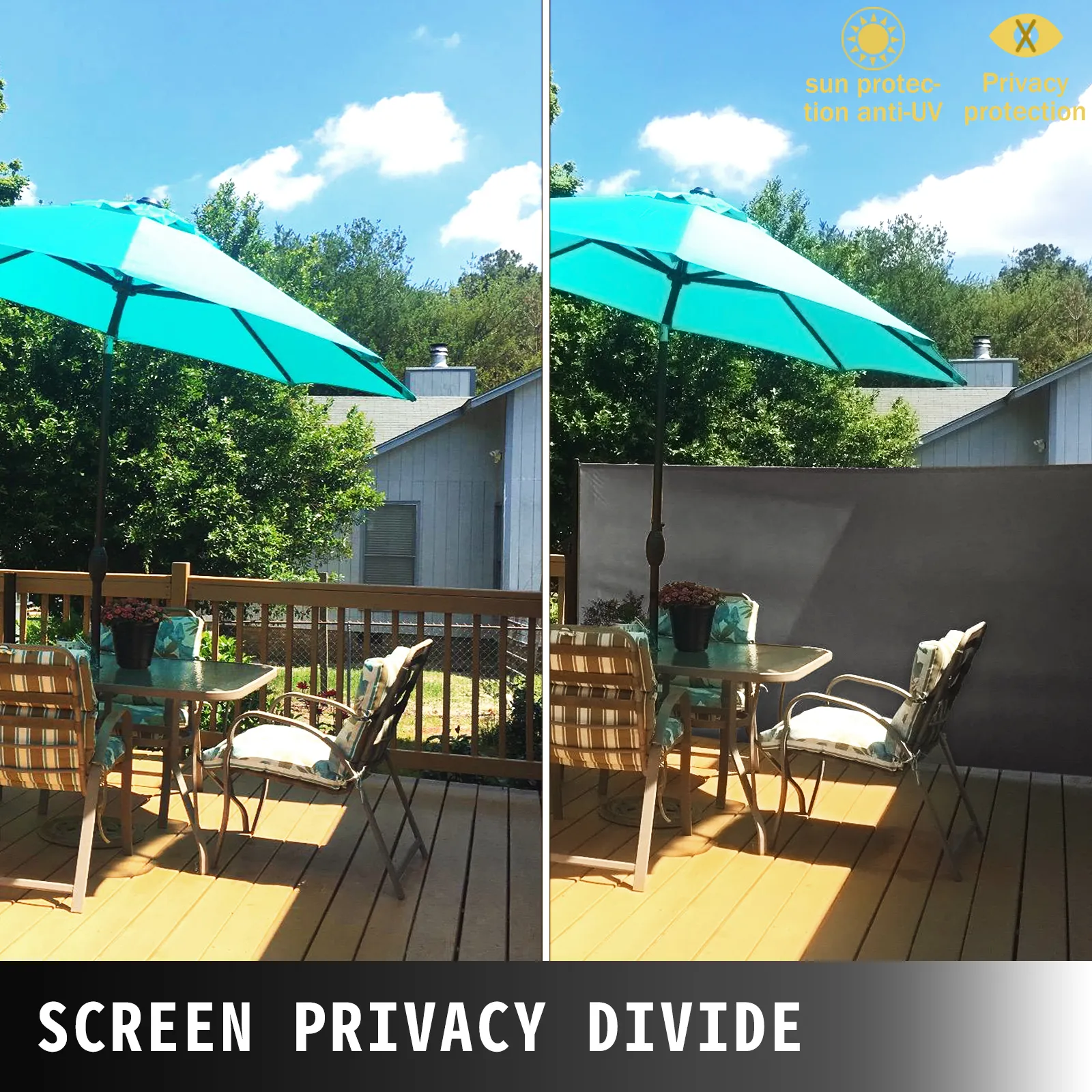 Sombrilla de patio con toldo lateral retráctil VEVOR para privacidad y protección solar.