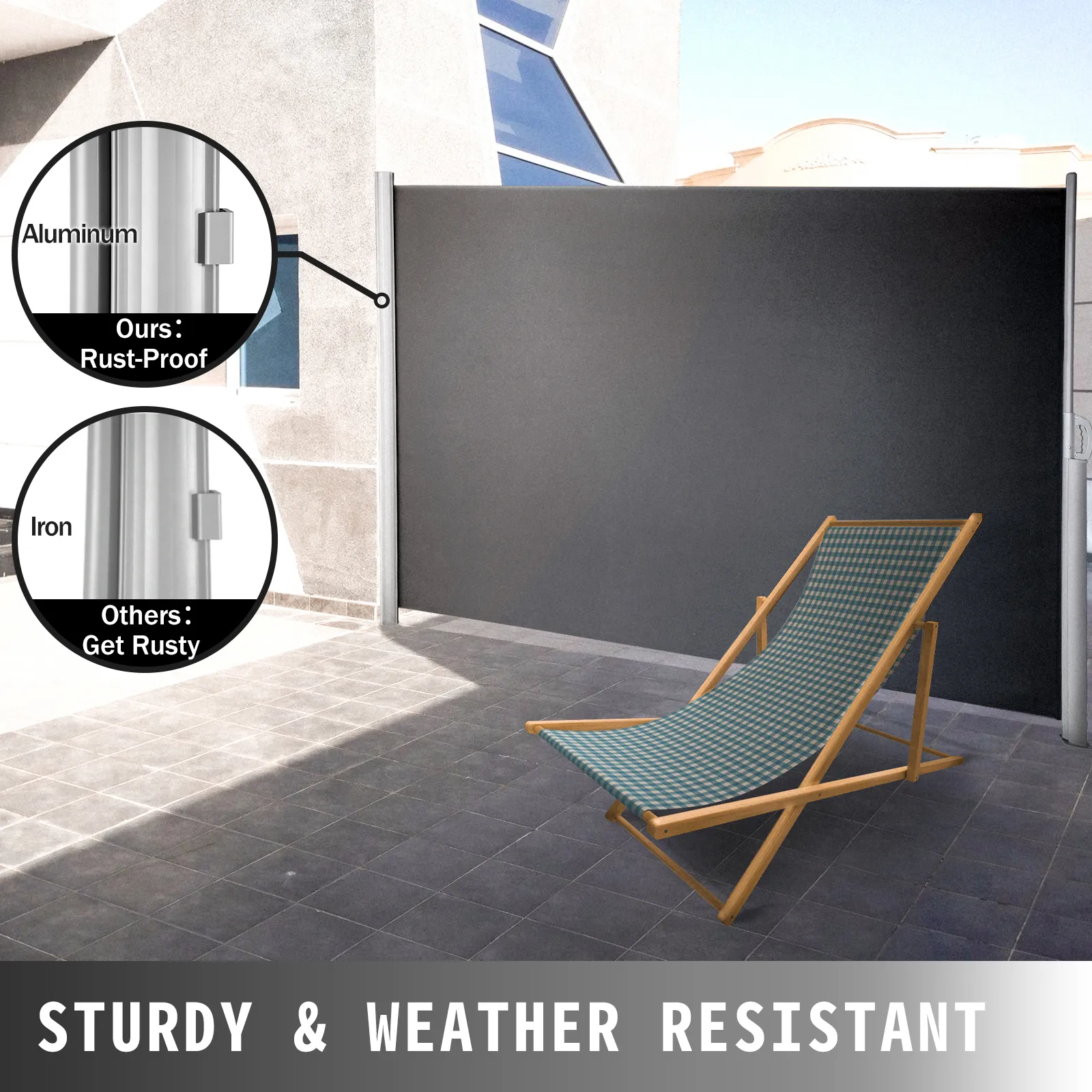 Toldo lateral retráctil VEVOR mostrado con aluminio a prueba de óxido y una silla de patio.