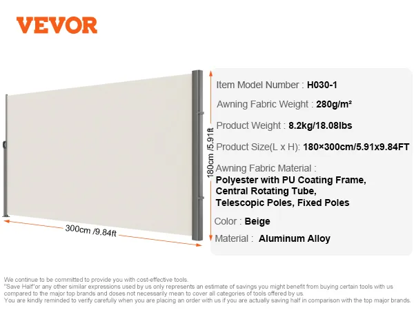 VEVOR beige retractable awning, aluminum alloy, 180x300cm, polyester fabric.