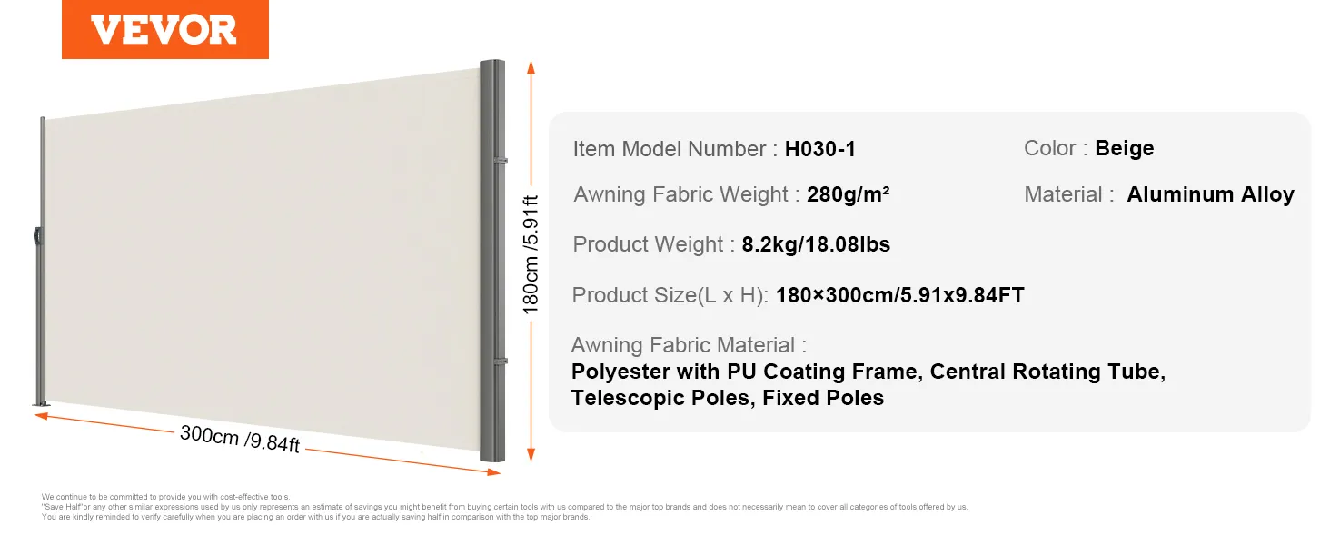 VEVOR beige retractable awning, aluminum alloy, 180x300cm, polyester fabric.