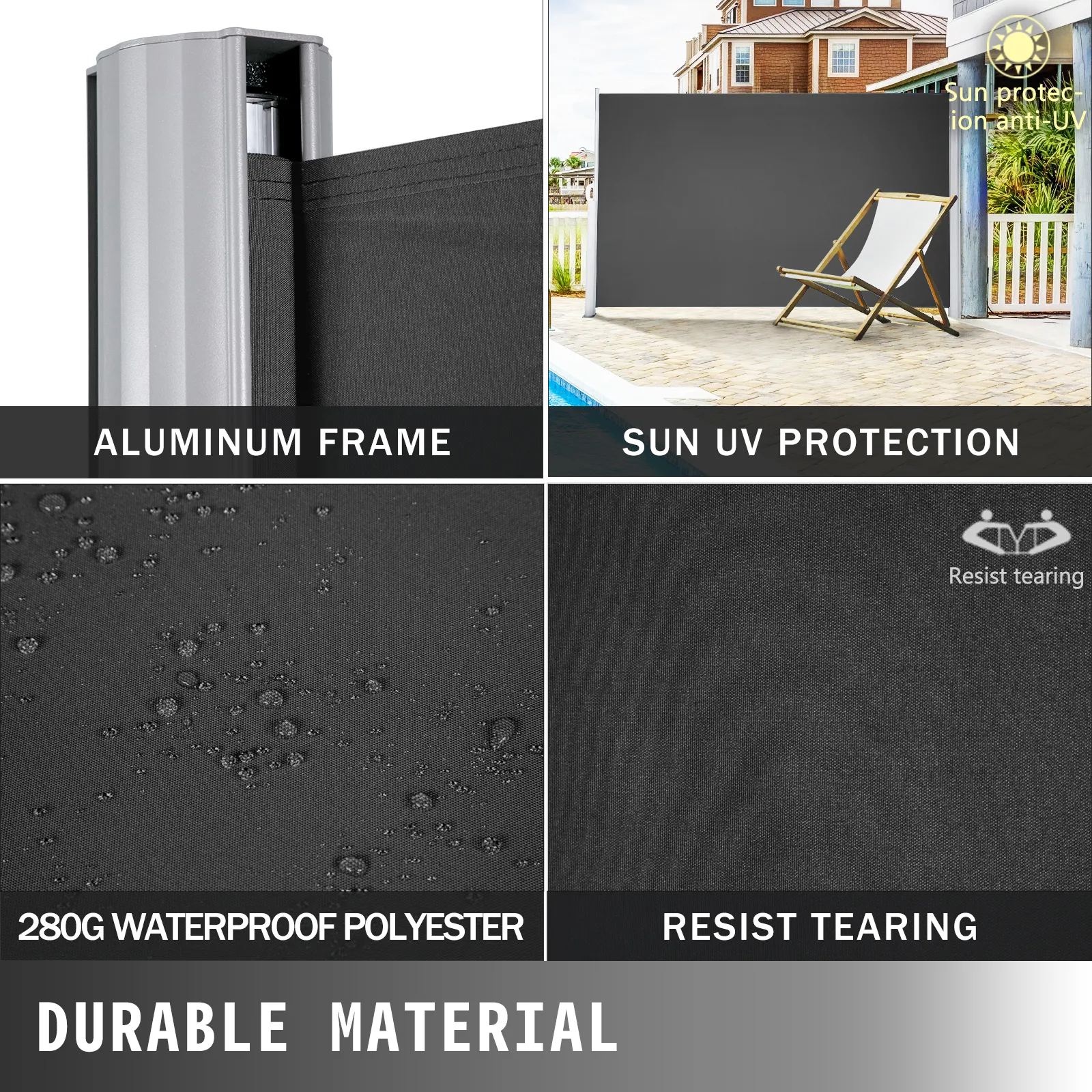 VEVOR retractable awning with aluminum frame, uv protection, waterproof polyester, tear-resistant.