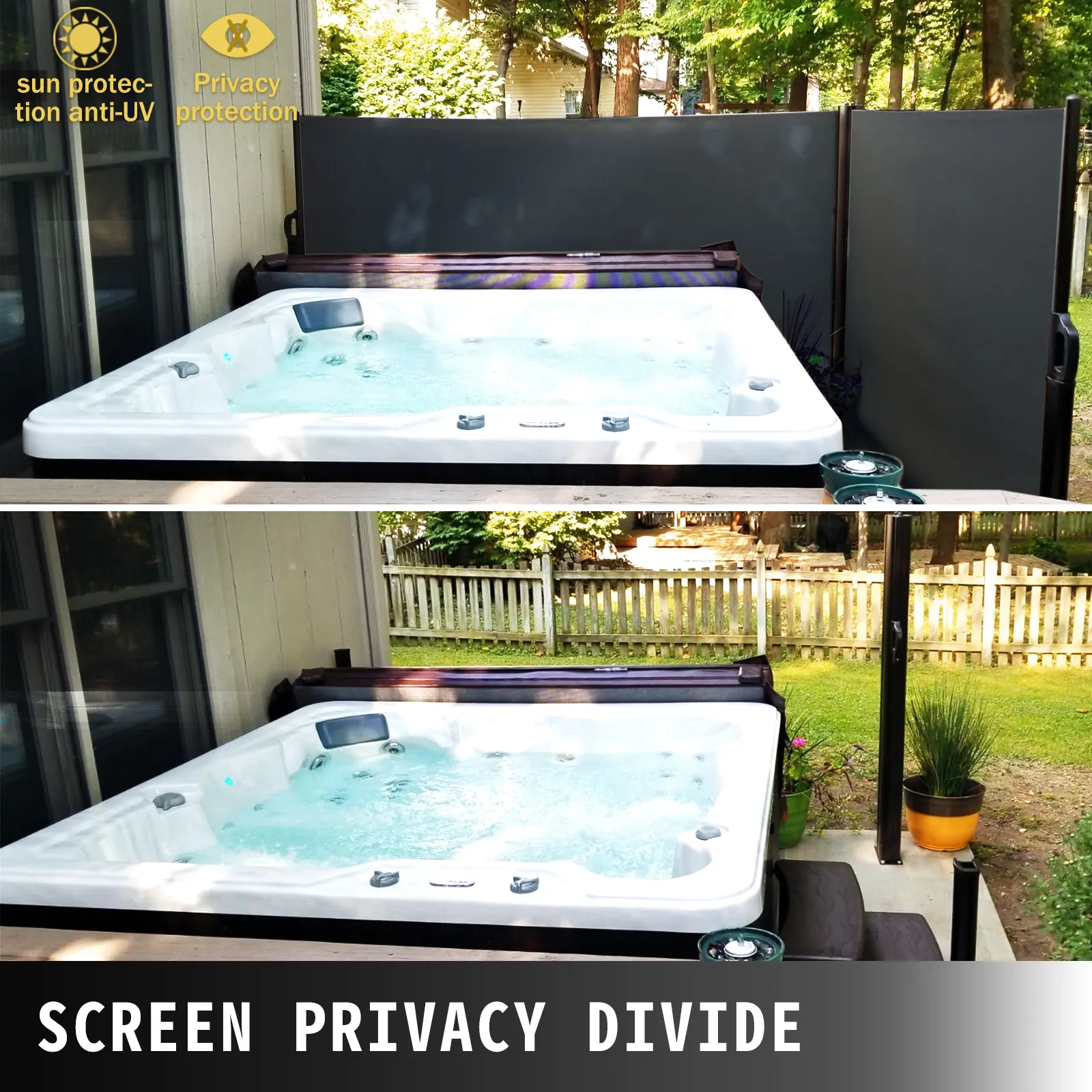 hot tub with VEVOR retractable awning and privacy screen in a sunny backyard.
