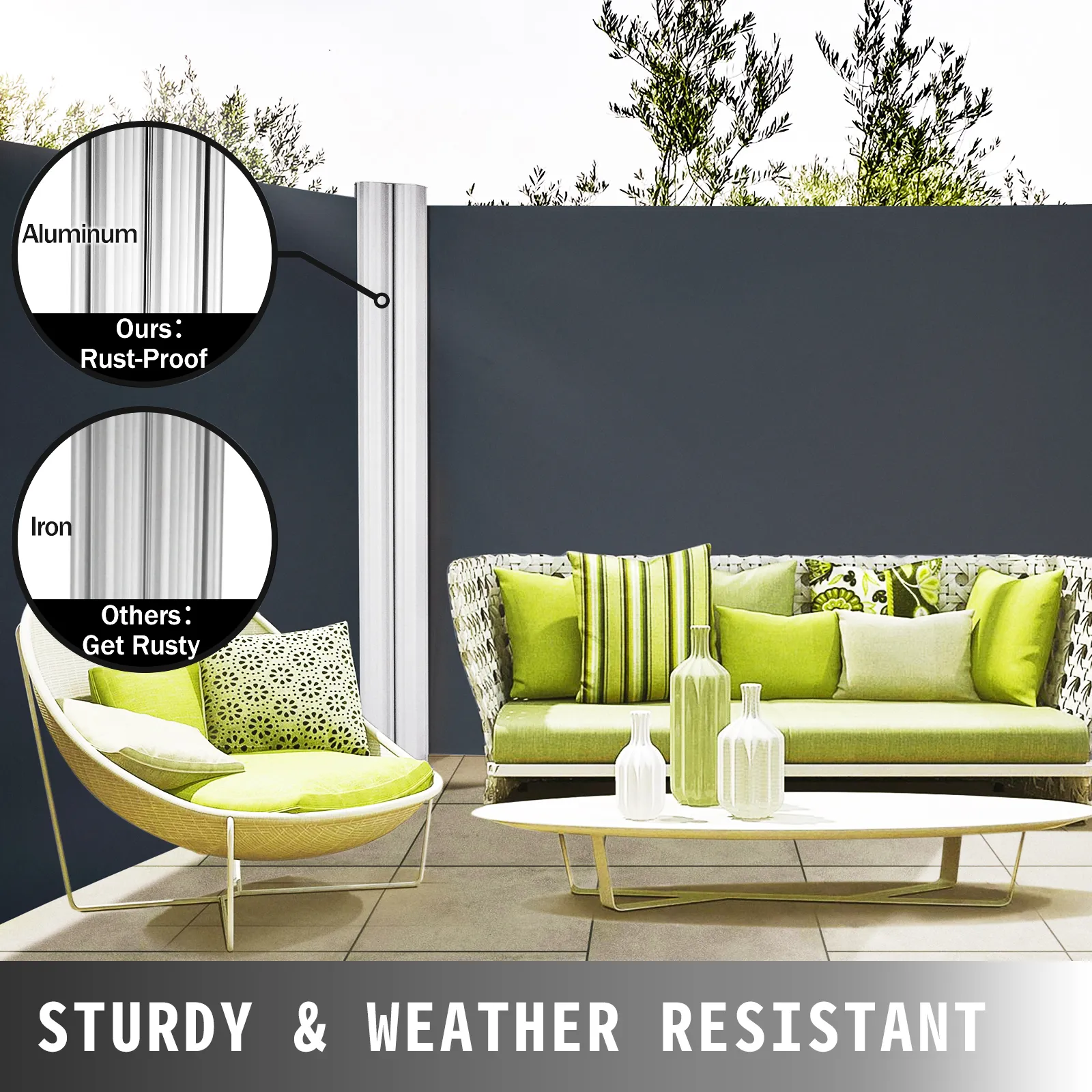 VEVOR retractable awning, rust-proof aluminum vs rusting iron, outdoor patio scene.
