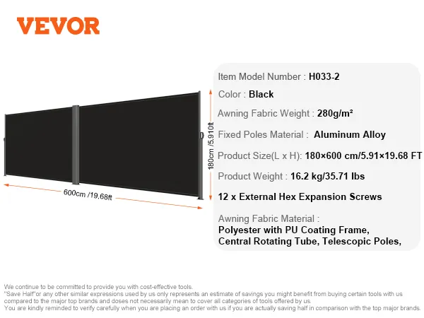 VEVOR retractable awning, black, polyester with pu coating, 180x600 cm.