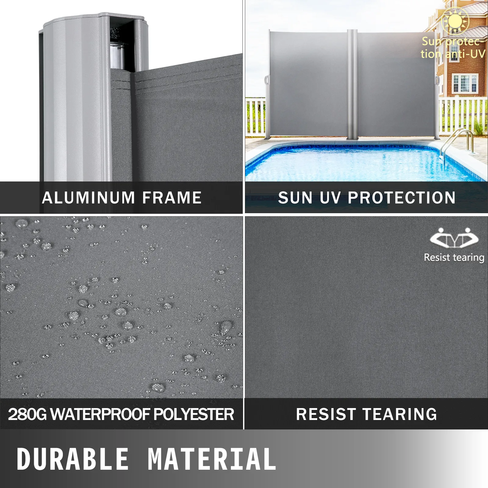 Toldo lateral retráctil VEVOR con estructura de aluminio, protección uv y poliéster impermeable.