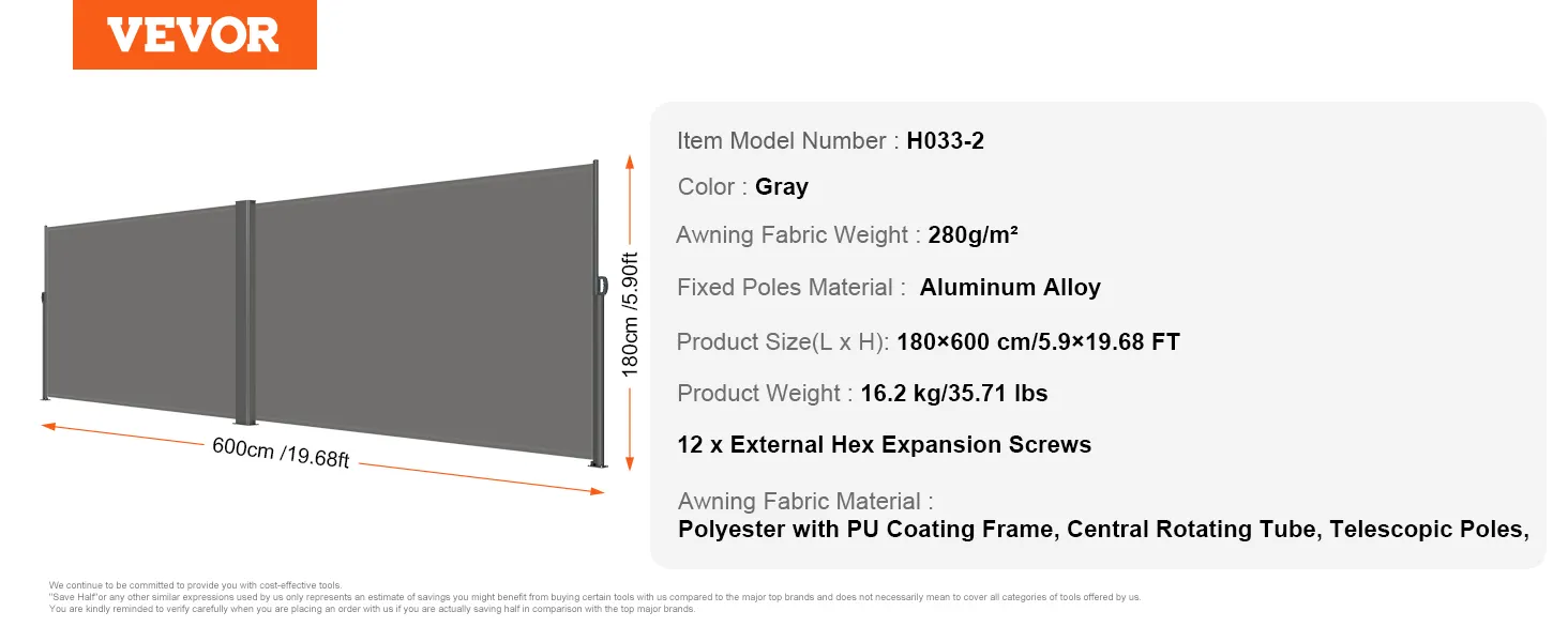 VEVOR retractable side awning, size: 180x600 cm, gray, aluminum alloy poles.