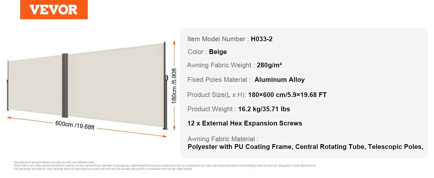 Toldo lateral VEVOR, beige, 180x600 cm, mástiles de aleación de aluminio, tejido de 280 g/m².