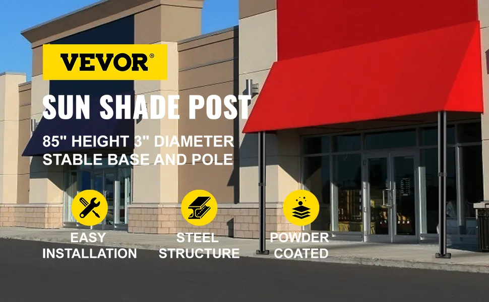 Poste de sombrilla VEVOR con 85" de altura, 3" de diámetro, base estable y estructura de acero.