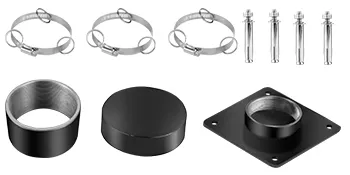 Componentes del poste de protección solar VEVOR: soportes, tornillos y placa de montaje en color negro.