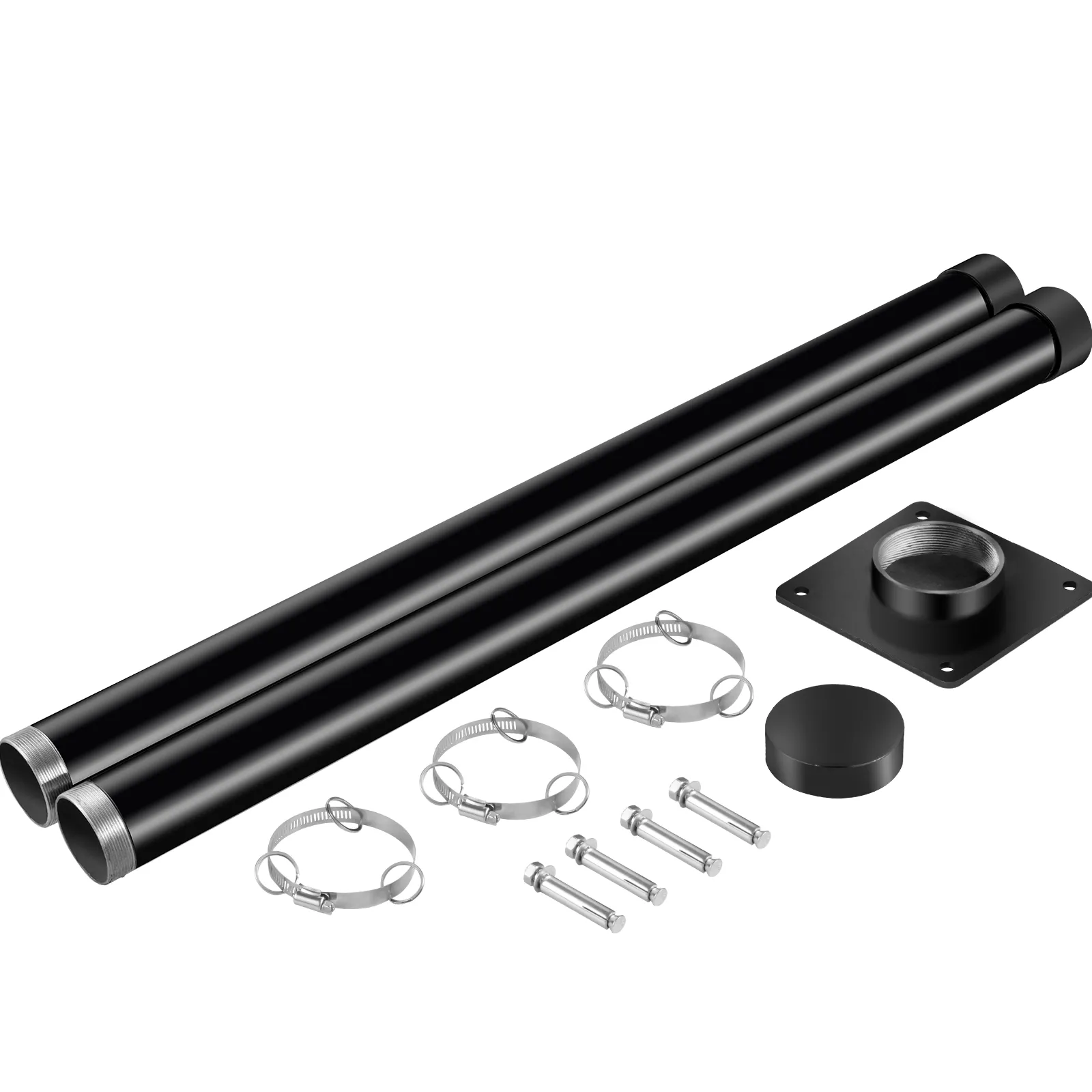 Poste de protección solar VEVOR negro con herrajes de montaje y abrazaderas sobre fondo blanco.