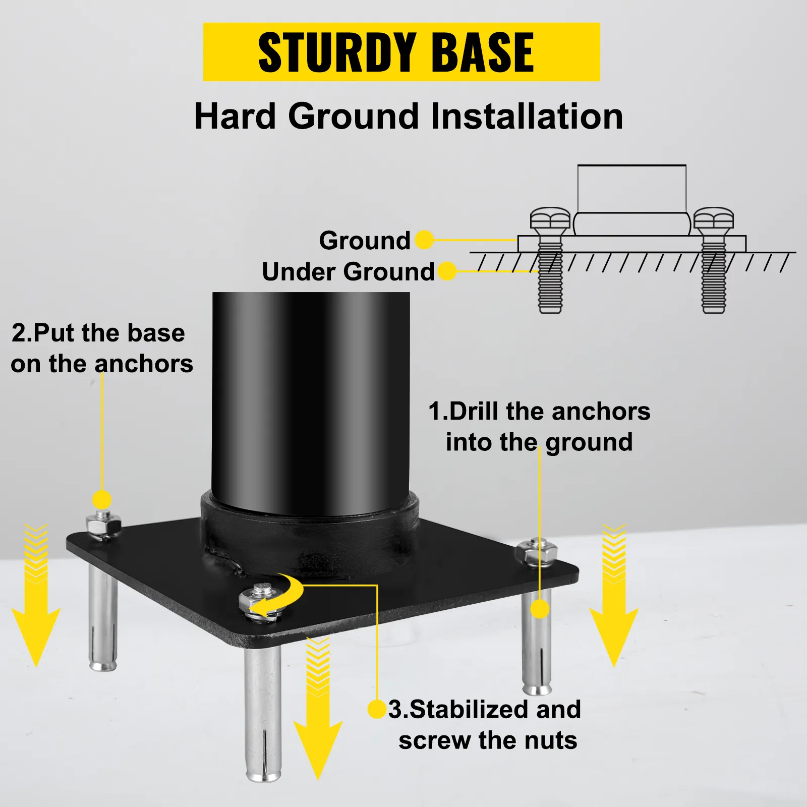 Poste de protección solar VEVOR, base resistente para instalación en suelo duro, con guía paso a paso.