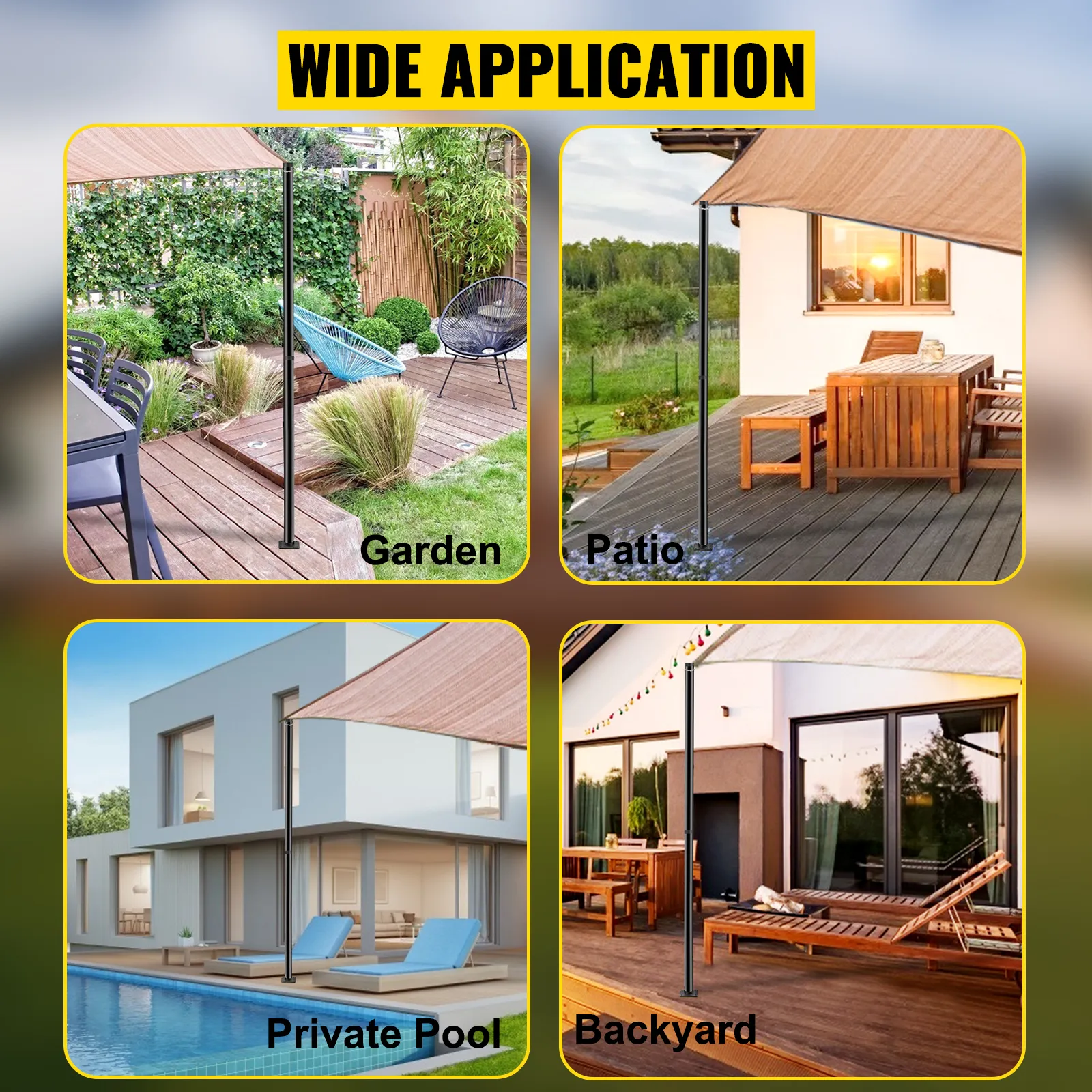 Poste de protección solar VEVOR utilizado en jardines, patios, piscinas privadas y patios traseros.