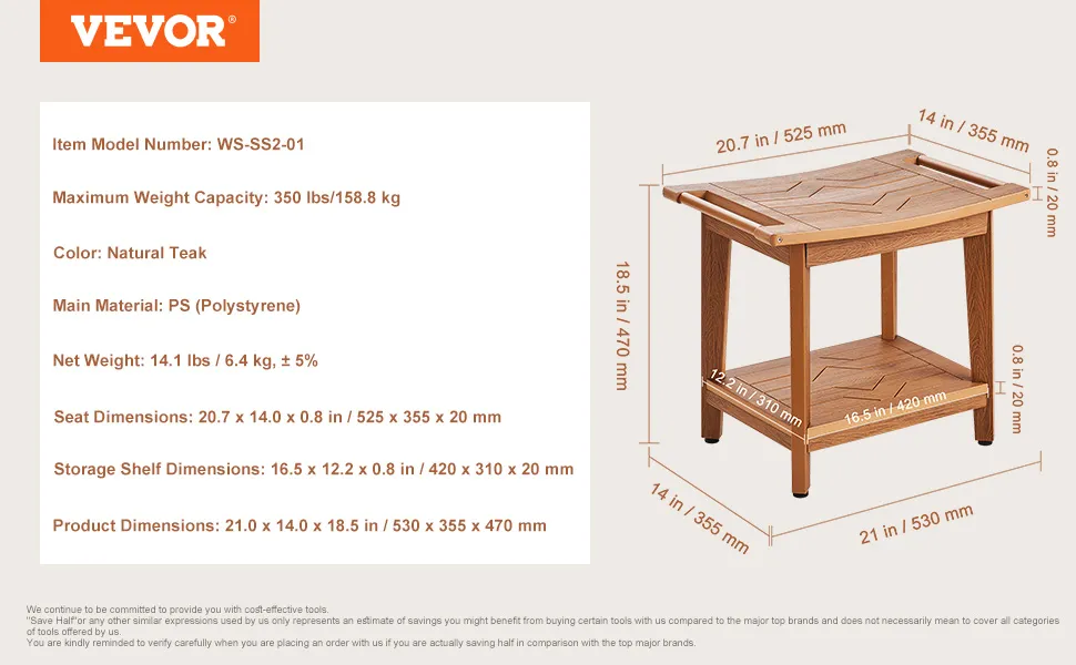 Ławka prysznicowa VEVOR wykonana z naturalnego drewna tekowego z ramą PS, 21 x 14 x 18,5 cala, maks. waga 350 funtów.