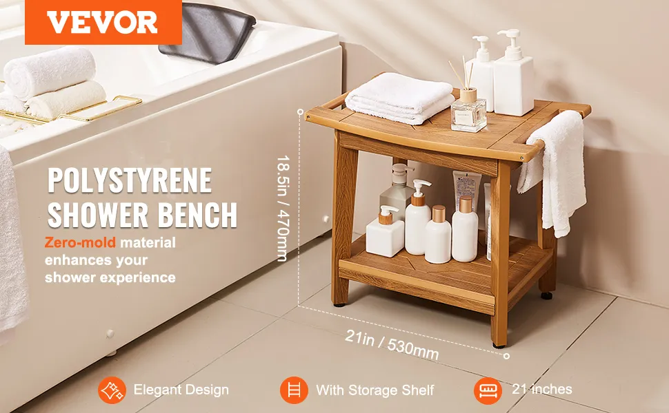 Ławka prysznicowa VEVOR przy wannie z półką do przechowywania, materiał bez pleśni, 21 cali, elegancki design.
