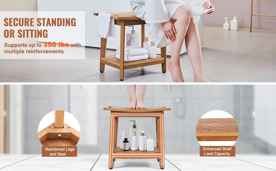 Ławka prysznicowa VEVOR ze wzmocnionymi nogami, wytrzymuje obciążenie do 350 funtów, pokazana z ręcznikami i produktami kąpielowymi.