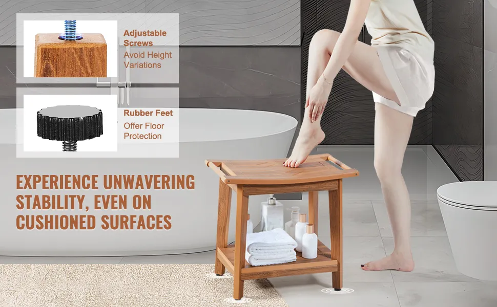 Kobieta korzystająca z ławki prysznicowej VEVOR obok wanny, wyposażonej w regulowane śruby i gumowe nóżki zapewniające stabilność.