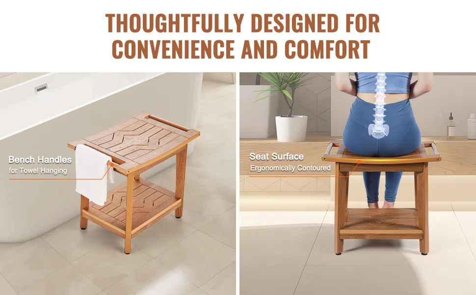 Ławka prysznicowa VEVOR z uchwytami do wieszania ręczników i ergonomicznie wyprofilowaną powierzchnią siedziska.