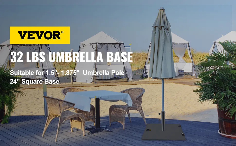 Base de sombrilla VEVOR en una terraza de playa con mesas y cabañas al fondo.