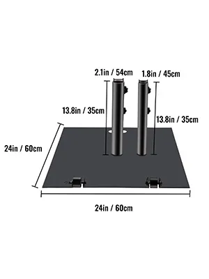 Base de sombrilla VEVOR con dimensiones: 24 pulgadas x 24 pulgadas, alturas de poste de 21 pulgadas y 18 pulgadas.